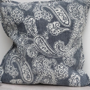 Linen Paisley Print Cushion Covers Stone Washed Linen Decorative Pillows Blue and Ivory 40 x 40 cm