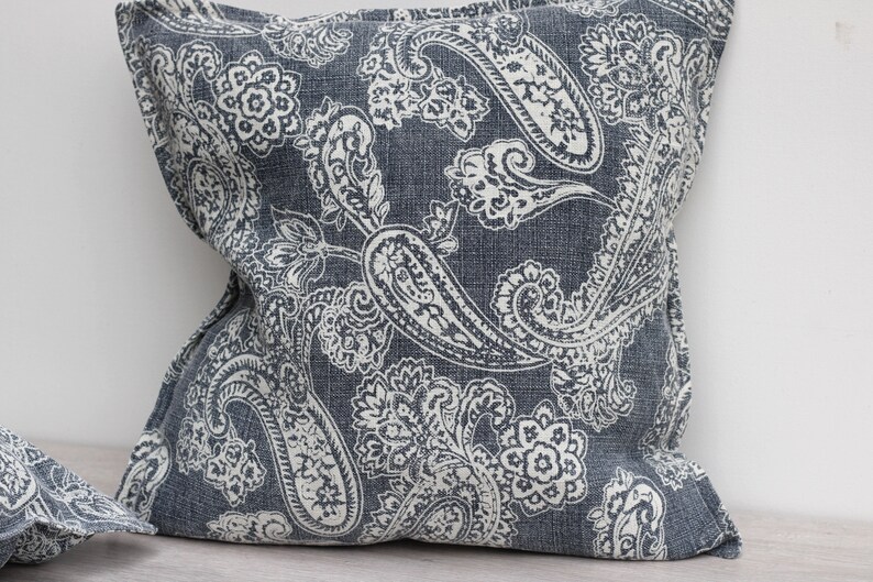 Linen Paisley Print Cushion Covers Stone Washed Linen Decorative Pillows Blue and Ivory 40 x 40 cm