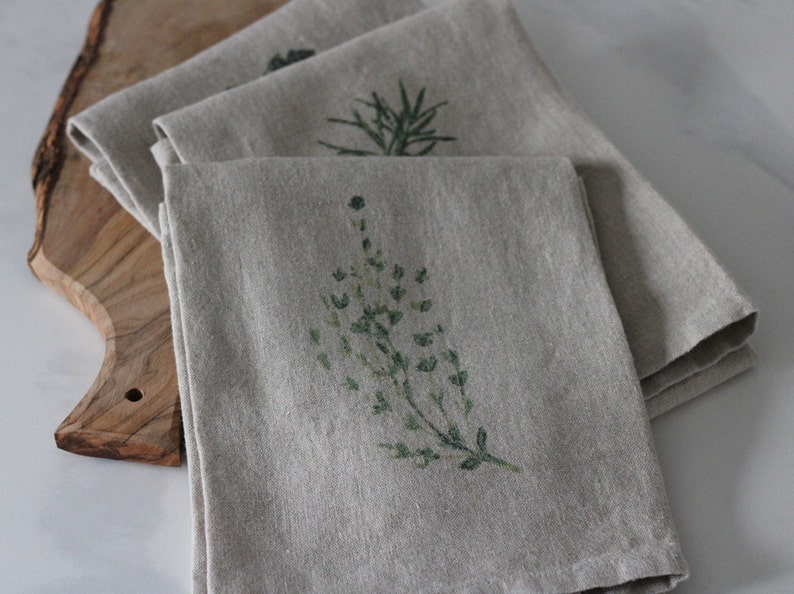 Set of 3 Linen Tea Towels/Dish Towels Herbs Print Gift Set image 4