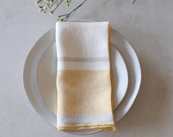 Linen Napkins - Set of 4 (Large)- Yellow with Natural and Ivory stripes