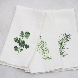 Set of 3 Linen Tea Towels/Dish Towels Herbs Print Gift Set image 1