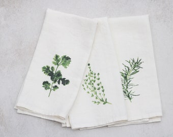 Set of 3 Linen Tea Towels/Dish Towels- Herbs Print - Gift Set