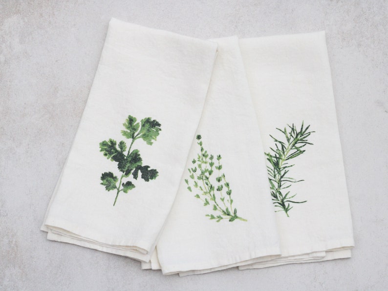 Set of 3 Linen Tea Towels/Dish Towels Herbs Print Gift Set image 1