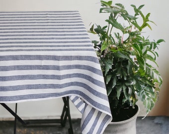 Linen Table Cloth - Wide Blue Stripes