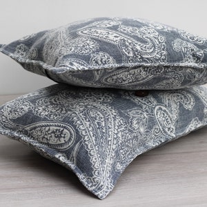 Linen Paisley Print Cushion Covers Stone Washed Linen Decorative Pillows Blue and Ivory image 3