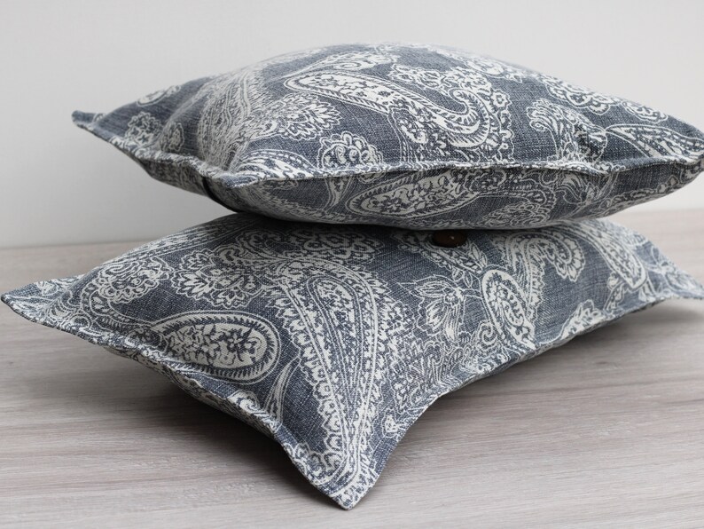 Linen Paisley Print Cushion Covers Stone Washed Linen Decorative Pillows Blue and Ivory image 3