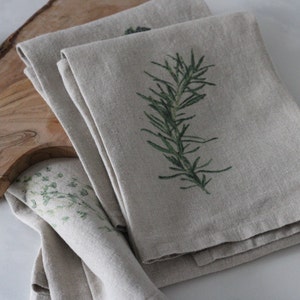 Set of 3 Linen Tea Towels/Dish Towels Herbs Print Gift Set Natural