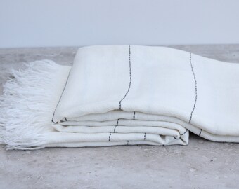 Linen Throw / Blanket with Embroidery and Fringes - Ivory and Charcoal Embroidery