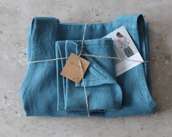 Gift Set: Heavy Linen Criss-Cross Apron and Towel Set- Matching Apron and Towel Set- Blue