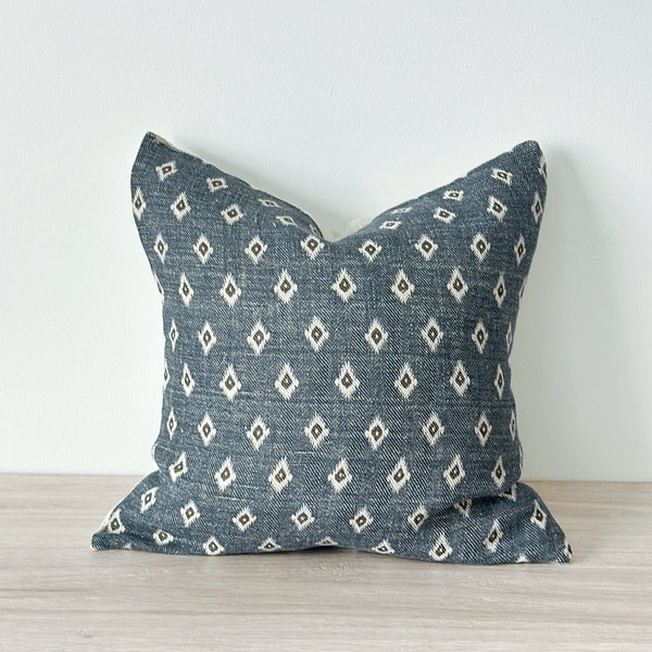 Blue Ikat Printed Linen Cushion Covers - Herringbone Weave Stone Washed