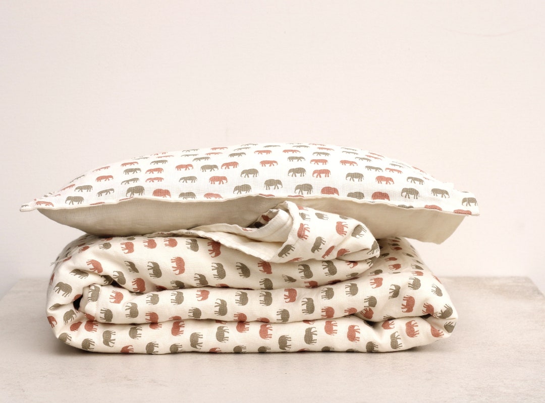 Linen Baby Quilt/reversible Baby Blanket With Pillow Case Elephant