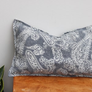 Linen Paisley Print Cushion Covers Stone Washed Linen Decorative Pillows Blue and Ivory 50 x 30 cm