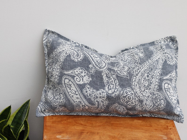 Linen Paisley Print Cushion Covers Stone Washed Linen Decorative Pillows Blue and Ivory 50 x 30 cm