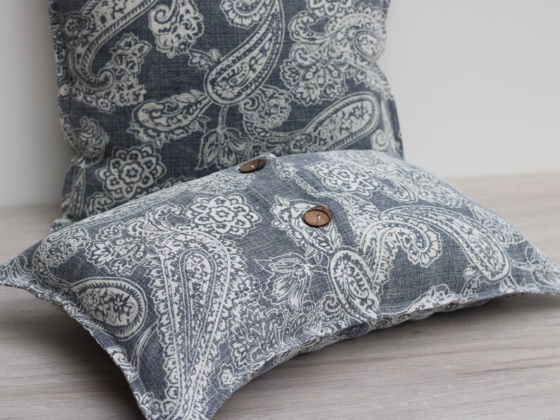 Linen Paisley Print Cushion Covers Stone Washed Linen Decorative Pillows Blue and Ivory image 2