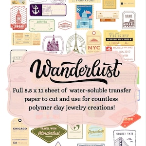 May include: A sheet of water-soluble transfer paper featuring a variety of travel-themed stickers. The stickers depict landmarks, aeroplanes, and travel-related text. The sheet measures 8.5 inches by 11 inches and is intended for use with polymer clay jewellery creations.