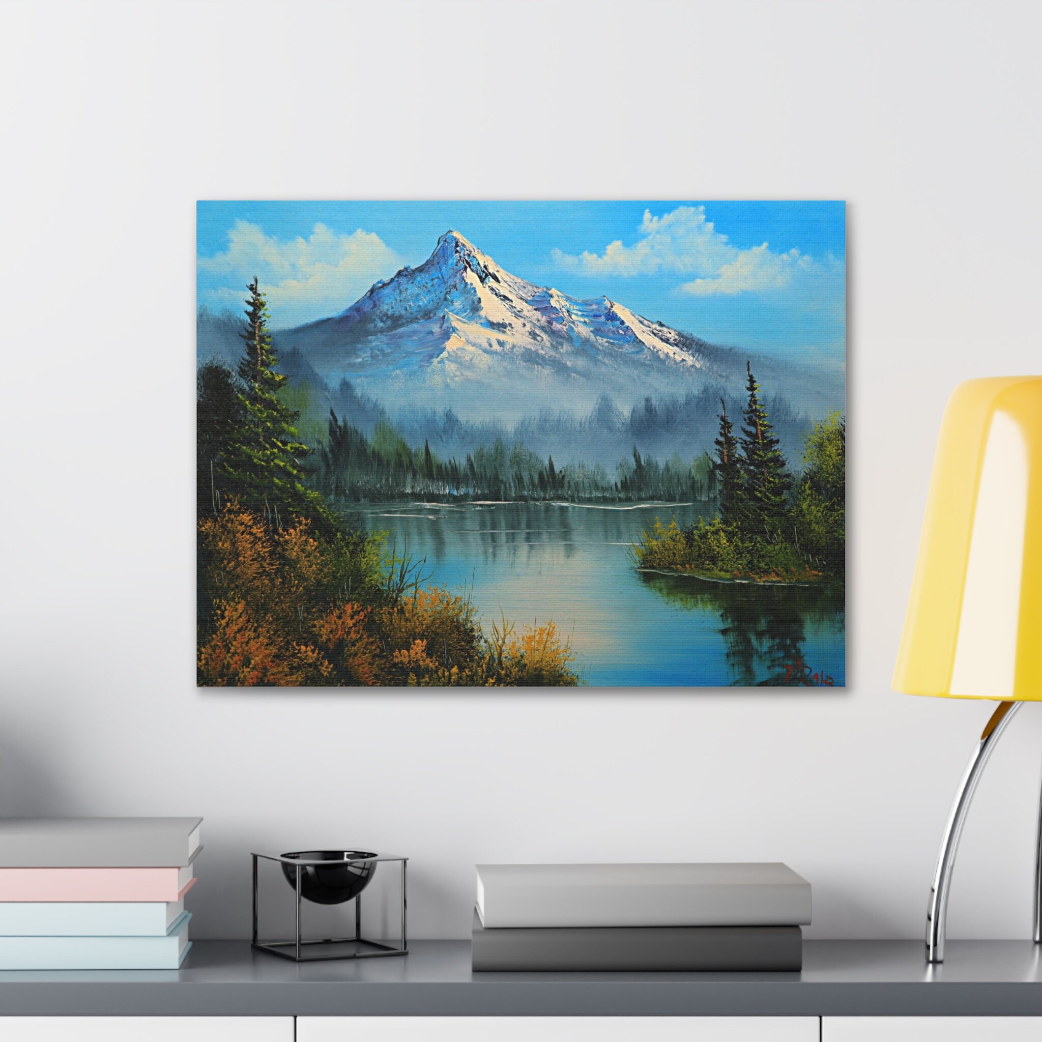 絵画 Iconic Landscape Bob Ross style Mountain landscape painting “Lakeside