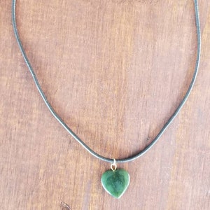 Thin Leather Dark Green Jade Heart Necklace, Leather Jewelry Meditation Necklace, Dream Necklace