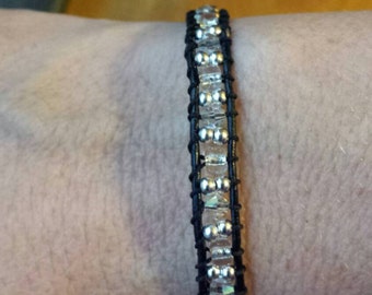 Silver and Swarovski crystal leather wrap bracelet, magnetic clasp, black and silver bracelet