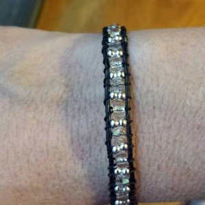 Silver and Swarovski crystal leather wrap bracelet, magnetic clasp, black and silver bracelet