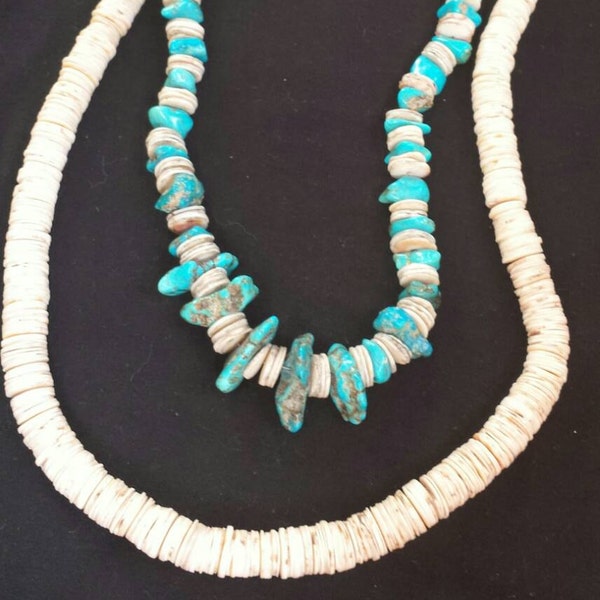 Rare Vintage Santo Domingo Depression Era Double Strand Turquoise and Clam Shell Heishi Necklace, Native American, Vintage Navajo