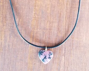 Rhodonite Heart Pendant Leather Necklace, Magnetic Clasp, Heart Jewelry, Heart Necklace, Rhodonite Necklace, Heart Charm, Healing Jewelry