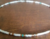 Natural Handcut Turquoise, Karen Hill Tribe Silver Shell, and Serpentine Heishi Necklace, Thin Minimalist, Native American Inspired