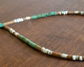 Natural Green Handcut Turquoise, Karen Hill Tribe Silver, Shell, and Serpentine Heishi Necklace, Thin Minimalist, Native American Inspired