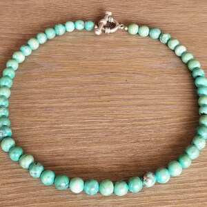 May include: A turquoise beaded necklace with a silver clasp. The beads are round and uniform in size.