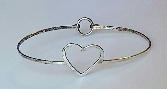 Vintage Thin Sterling Silver 925 Heart Bangle Bracelet