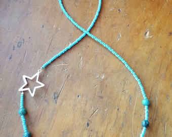 Turquoise and Sterling Silver Star necklace, Turquoise Jewelry, Turquoise Beaded Necklace, Open Star Charm