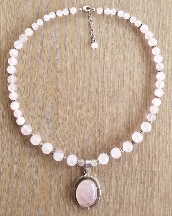 Rose Quartz Pendant Necklace, Sterling Silver and 