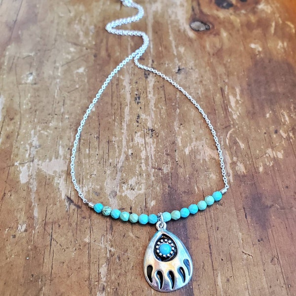 Sterling Silver Bear Paw Layering Necklace Choker, Natural Turquoise Necklace, Southwest Jewelry, 925 Choker