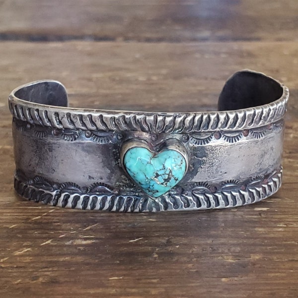 1880 Tumbleweed Trading Co. Chris Gould Navajo Vintage Heavy Native American Bracelet, Navajo Sterling Silver Cuff Bracelet, Turquoise Heart