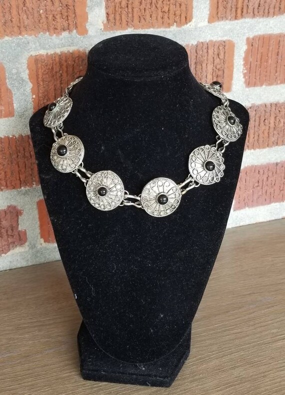Handmade Silver and Black Onyx Concho Necklace, C… - image 1