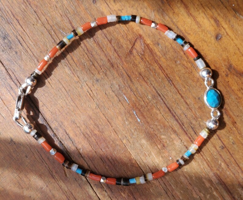 Sterling Silver Bezel Turquoise Karen Hill Tribe Silver Turquoise Bezel Minimalist Coral Shell Heishi Thin Turquoise Beaded Bracelet