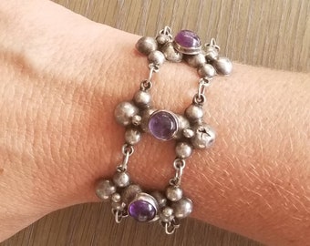 Vintage Taxco Mexico Ca. 1940 Amethyst Cabochon Chain Link Bracelet, Vintage Sterling Silver Bracelet, Vintage Amethyst Sterling Bracelet