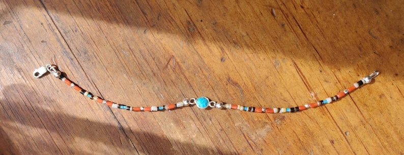 Sterling Silver Bezel Turquoise Karen Hill Tribe Silver Turquoise Bezel Minimalist Coral Shell Heishi Thin Turquoise Beaded Bracelet
