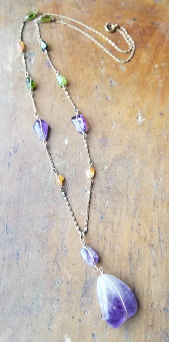 Extra Long Vintage Amethyst Gold Gemstone Pendant 