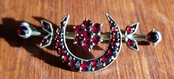 Vintage Victorian Garnet Crescent Moon Brooch, Vi… - image 1