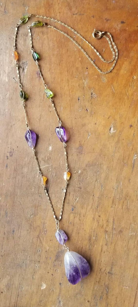 Extra Long Vintage Amethyst Gold Gemstone Pendant… - image 4