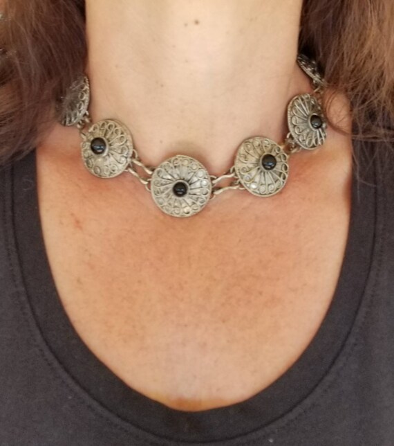 Handmade Silver and Black Onyx Concho Necklace, C… - image 3