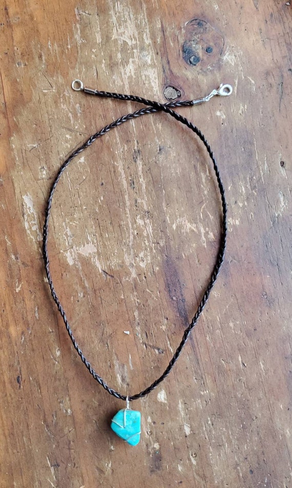 Natural Turquoise Nugget Braided Leather Necklace, Southwest 