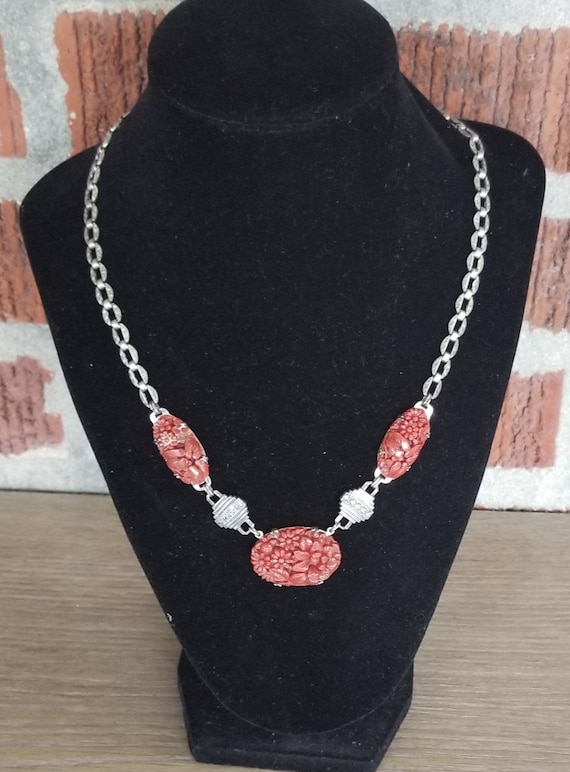 Vintage 1930s Floral Faux Coral and Marcasite Neck