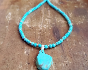 Sterling and Turquoise Necklace, Turquoise Nugget Pendant, Natural Turquoise, Sterling Silver Necklace, Arizona Turquoise, Southwest Jewelry