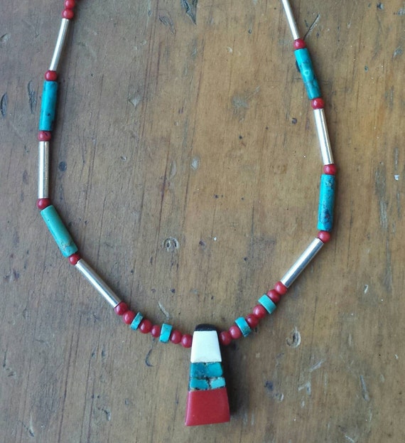 Native American Rare Vintage Santo Domingo Coral & Turquoise Necklace Native American Rare Vintage Santo Domingo Coral & Turquoise Necklace