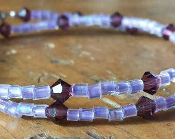 Purple beaded, Swarovski crystal, stacking, double wrap bracelet