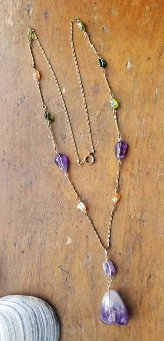 Extra Long Vintage Amethyst Gold Gemstone Pendant… - image 3