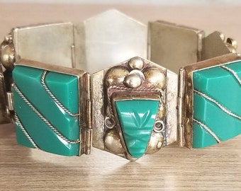 Vintage temprano México plata esterlina tallada verde ónyx panel enlace pulsera, tribal azteca pulsera, firmado Taxco pulsera de plata de ley