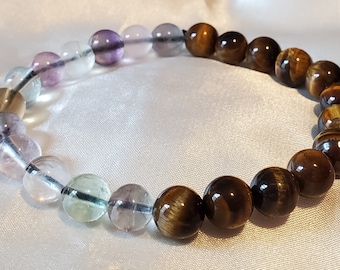 Tigers Eye and Rainbow Fluorite, 8mm Beaded Stretch, Healing Jewelry, Stacking Bracelet, Layering Bracelet, Tiger's Eye Jewelry