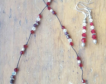 Handmade garnet, Swarovski crystal, silver spacer, tin cup, bridesmaid gift, necklace and earring set.